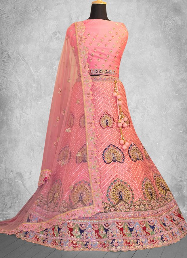 Organza Silk Peach Wedding Wear Sequins Work Lehenga Choli